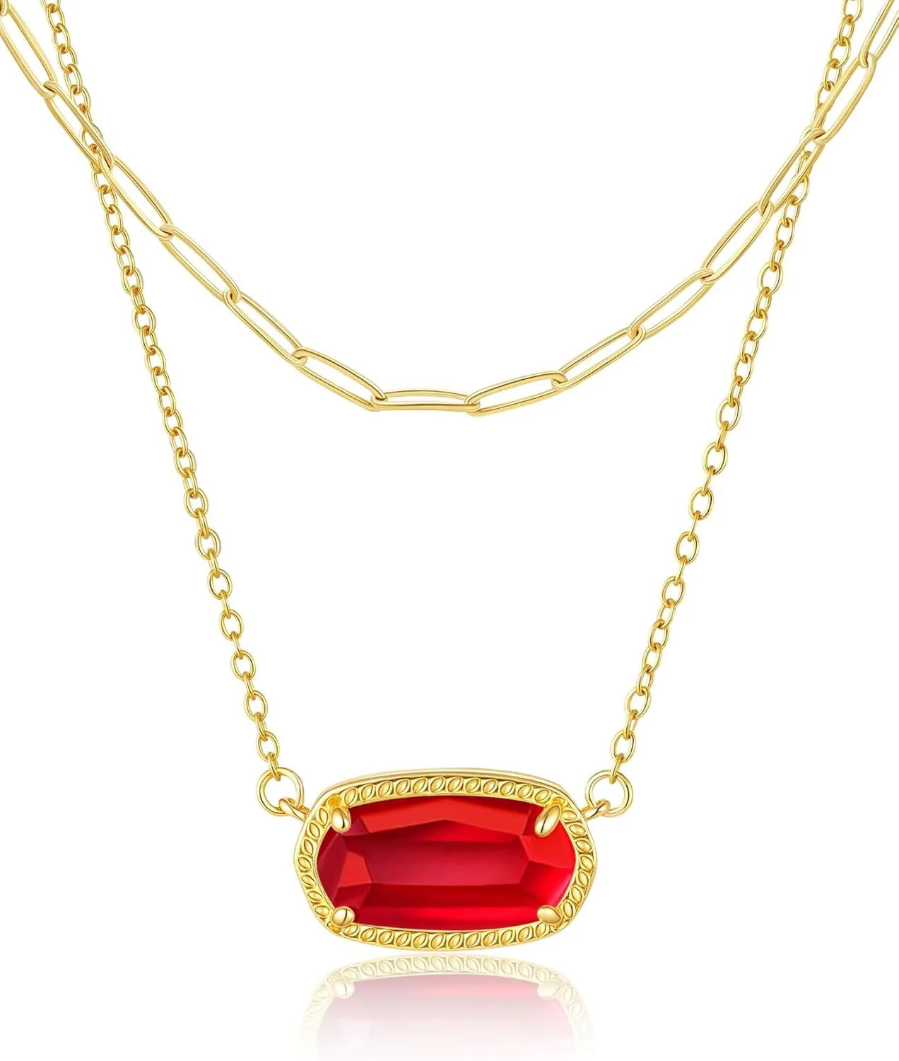 Lourny Gemstone Crystal Pendant Layered Necklace for Women Trendy, 18K Gold Plated Paperclip Chain Charm Necklaces Women Wife Jewelry