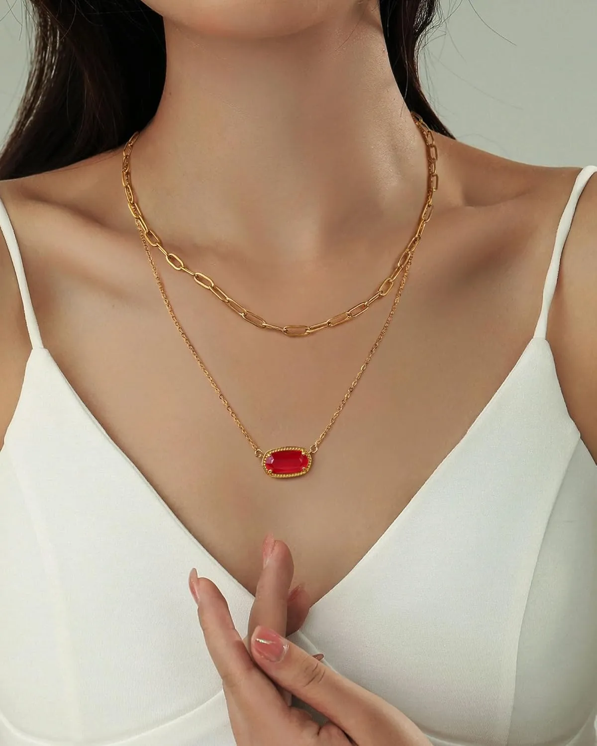 Lourny Gemstone Crystal Pendant Layered Necklace for Women Trendy, 18K Gold Plated Paperclip Chain Charm Necklaces Women Wife Jewelry