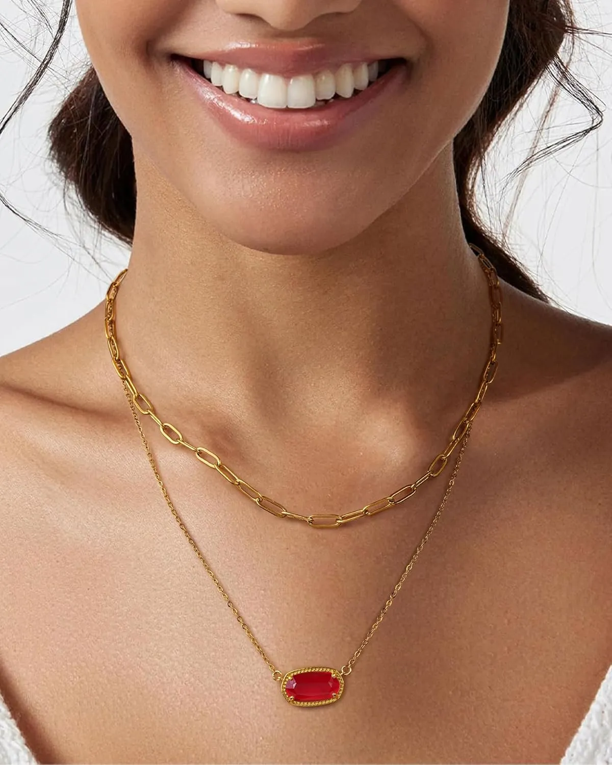 Lourny Gemstone Crystal Pendant Layered Necklace for Women Trendy, 18K Gold Plated Paperclip Chain Charm Necklaces Women Wife Jewelry
