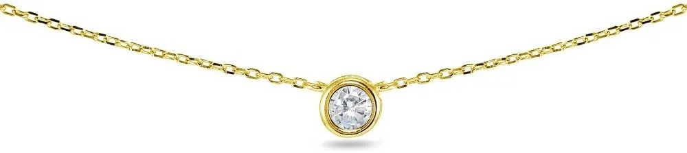 Lovve Sterling Silver Round 4mm Bezel-Set Cubic Zirconia Solitaire Short CZ Choker Necklace for Women, wife, girlfriend. Friendship