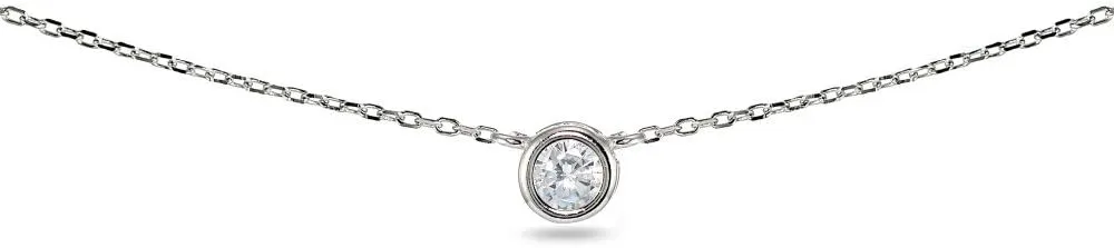 Lovve Sterling Silver Round 4mm Bezel-Set Cubic Zirconia Solitaire Short CZ Choker Necklace for Women, wife, girlfriend. Friendship