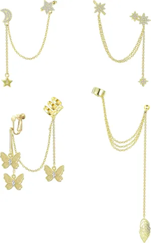 LOYALLOOK 4Pcs Moon Star Cuff Earring Chain for Women Leaf Ear Studs Butterfly Wrap Clip on Earring Crawler Dangling Chain Earrings