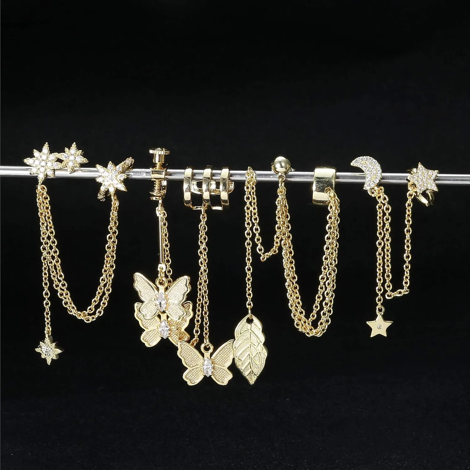 LOYALLOOK 4Pcs Moon Star Cuff Earring Chain for Women Leaf Ear Studs Butterfly Wrap Clip on Earring Crawler Dangling Chain Earrings