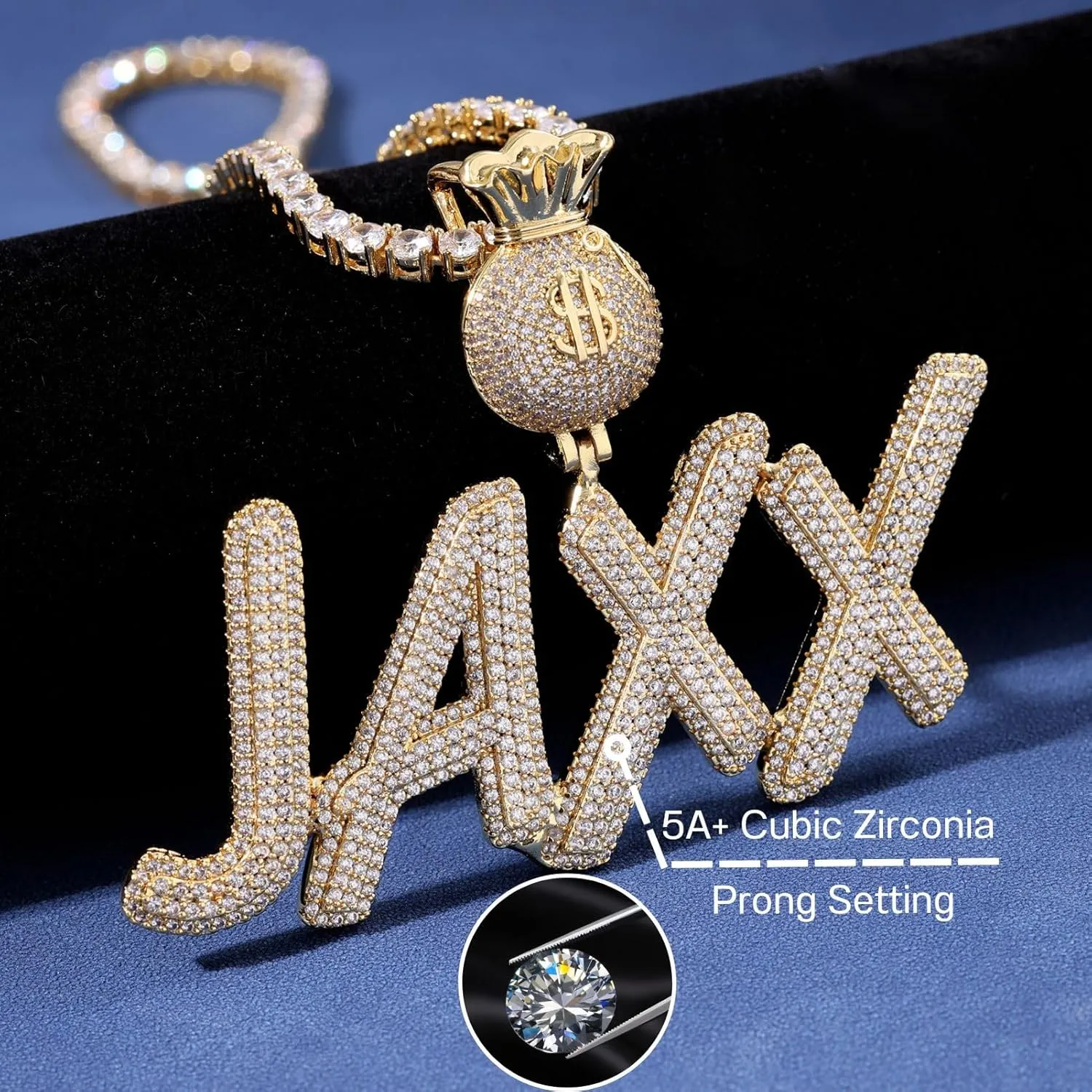 Lulu Mel Iced Out Custom Chain Initial Name Necklace, Hip Hop Jewelry 14k Gold Silver Handmade nameplate with 4mm Tennis Chain, Personalized Stainless Steel Cuban Link necklace For Man and Woman
