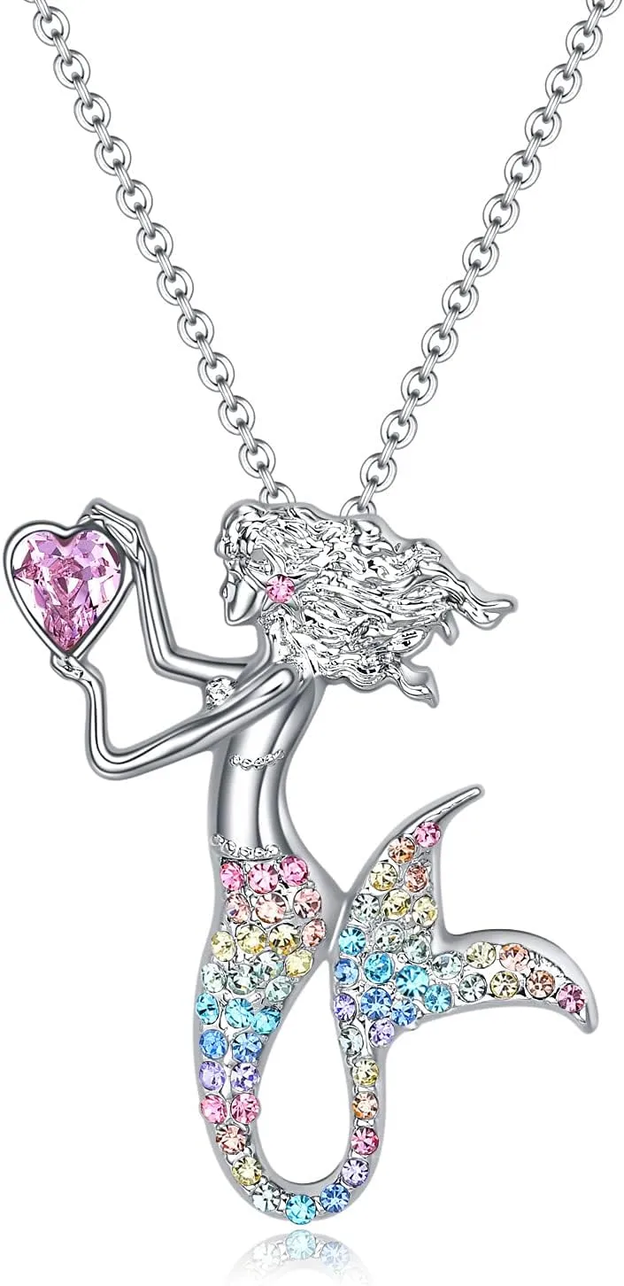 luomart Fashion Mermaid Birthstone Necklace Jewelry White Gold Plated Austrian Crystal Pendant Gifts for Women