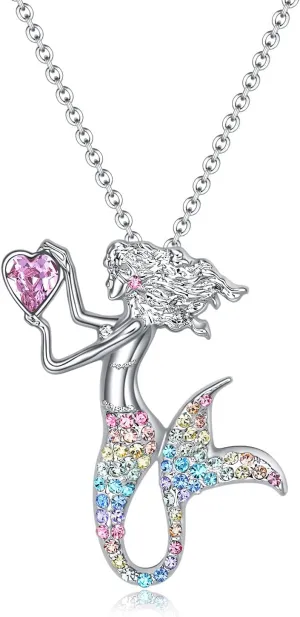 luomart Fashion Mermaid Birthstone Necklace Jewelry White Gold Plated Austrian Crystal Pendant Gifts for Women
