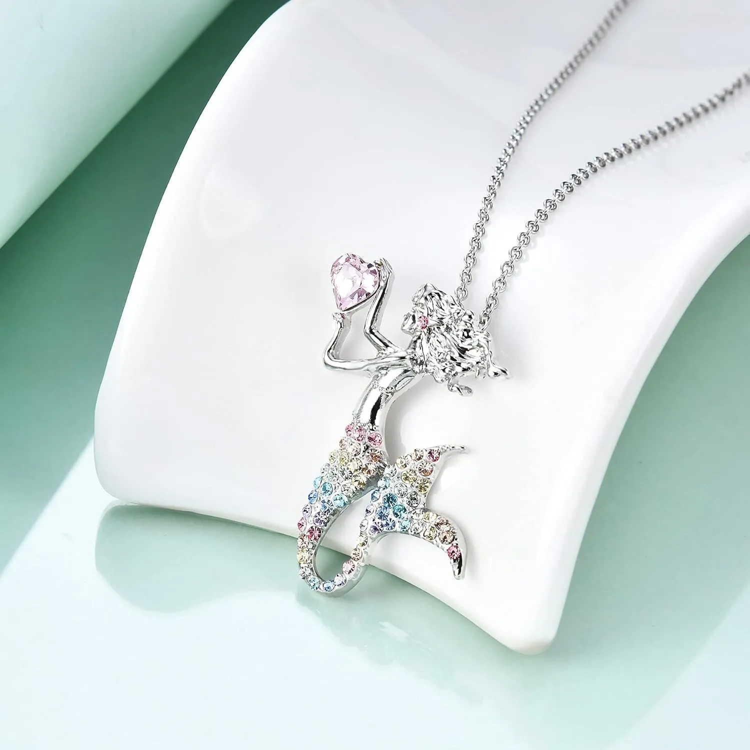 luomart Fashion Mermaid Birthstone Necklace Jewelry White Gold Plated Austrian Crystal Pendant Gifts for Women