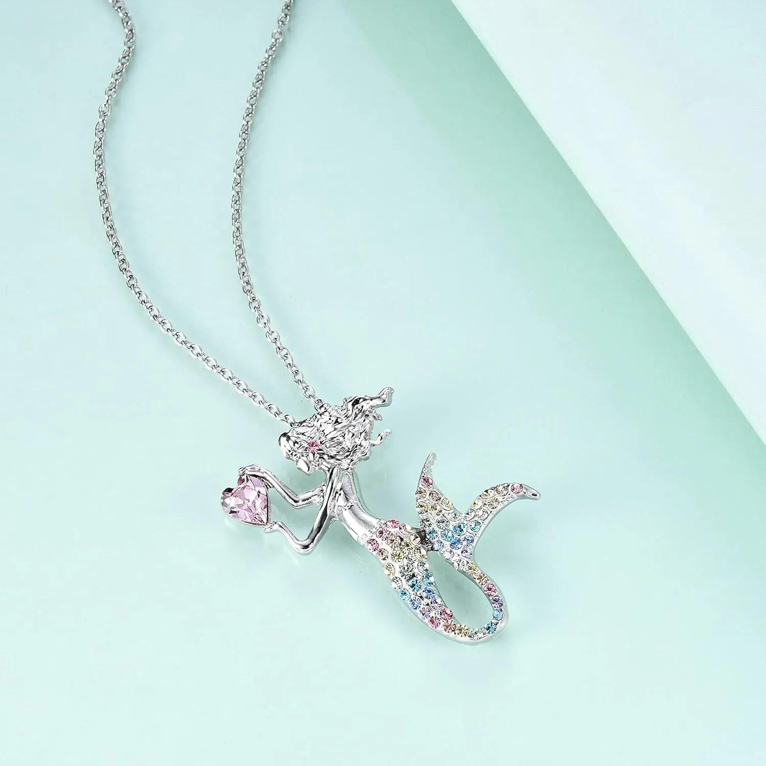 luomart Fashion Mermaid Birthstone Necklace Jewelry White Gold Plated Austrian Crystal Pendant Gifts for Women