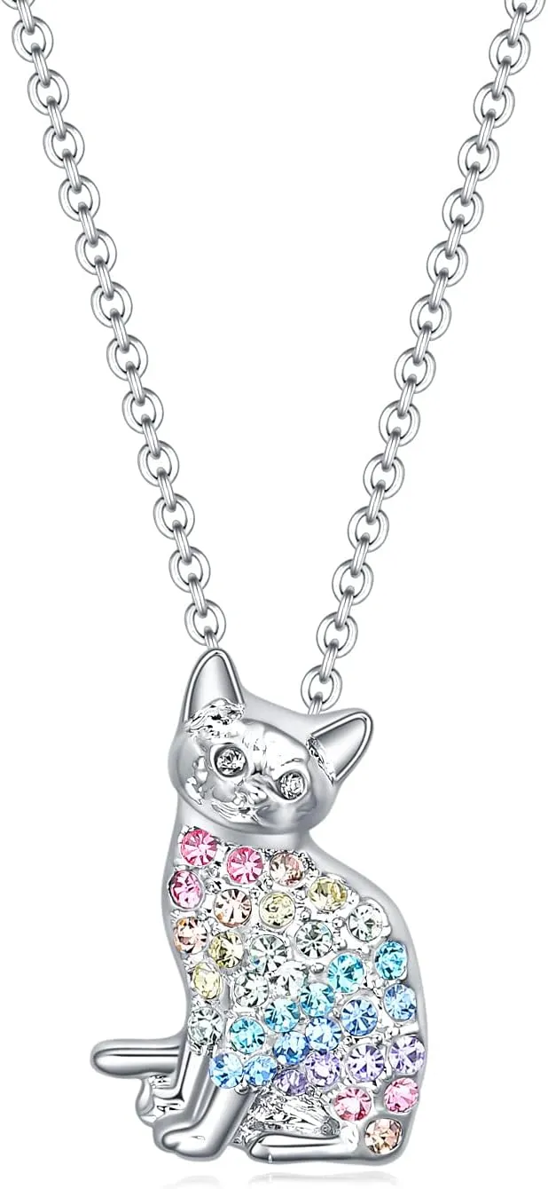 luomart Little Cat Necklace Gifts for Girls,Rainbow Dainty Kitty Necklaces Jewelry Gift for Women Boys Teen Girls Cat Lovers