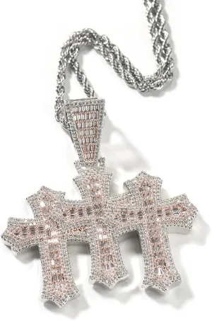 LuxeFlex Iced Out Baguette Diamond Cross Pendant, 14K Gold Plated Religious Three Stacked up Gothic Cross Necklace, Hip-Hop Jewelry for Men Women