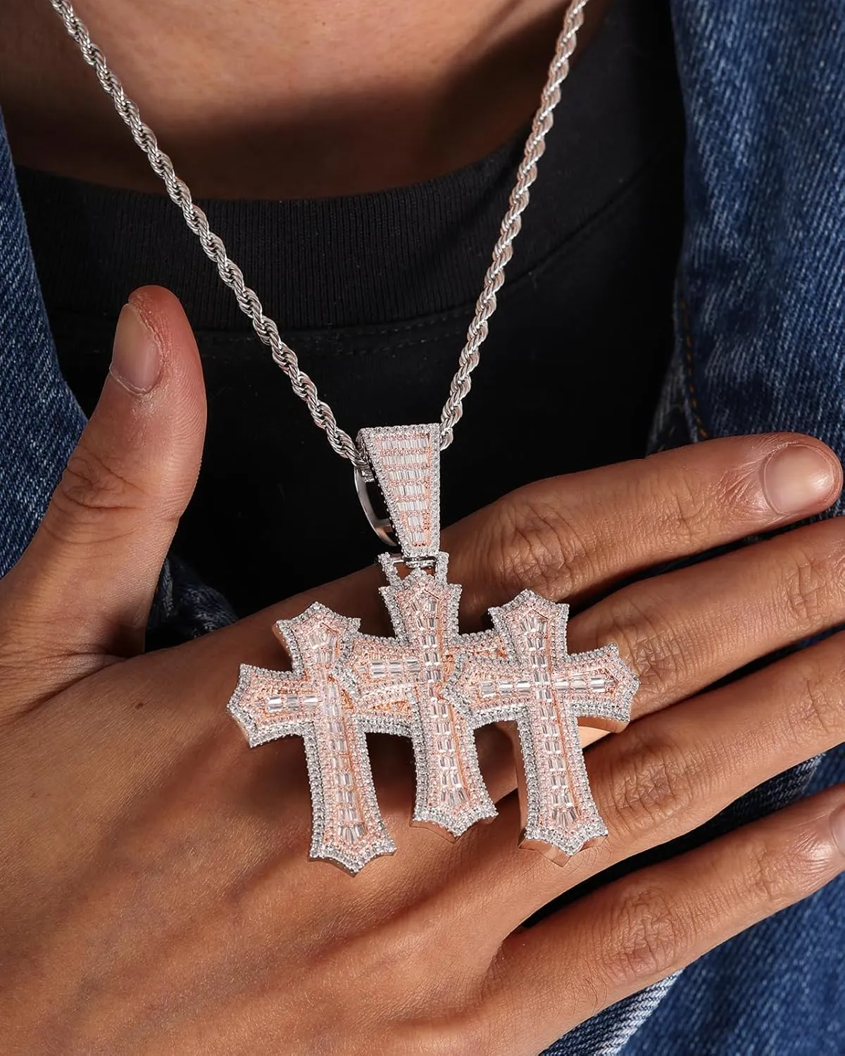 LuxeFlex Iced Out Baguette Diamond Cross Pendant, 14K Gold Plated Religious Three Stacked up Gothic Cross Necklace, Hip-Hop Jewelry for Men Women