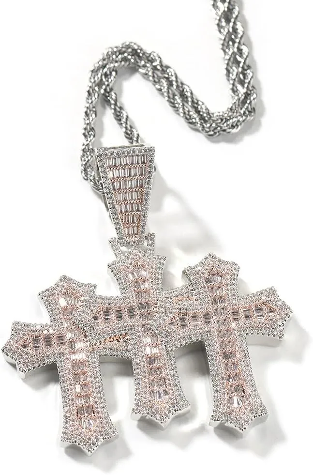 LuxeFlex Iced Out Baguette Diamond Cross Pendant, 14K Gold Plated Religious Three Stacked up Gothic Cross Necklace, Hip-Hop Jewelry for Men Women
