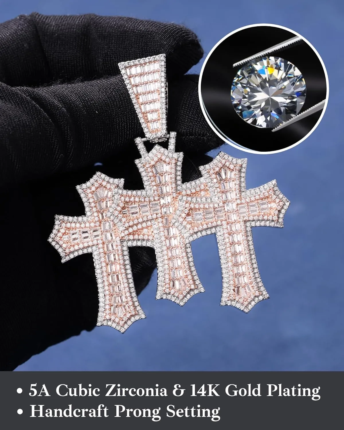 LuxeFlex Iced Out Baguette Diamond Cross Pendant, 14K Gold Plated Religious Three Stacked up Gothic Cross Necklace, Hip-Hop Jewelry for Men Women