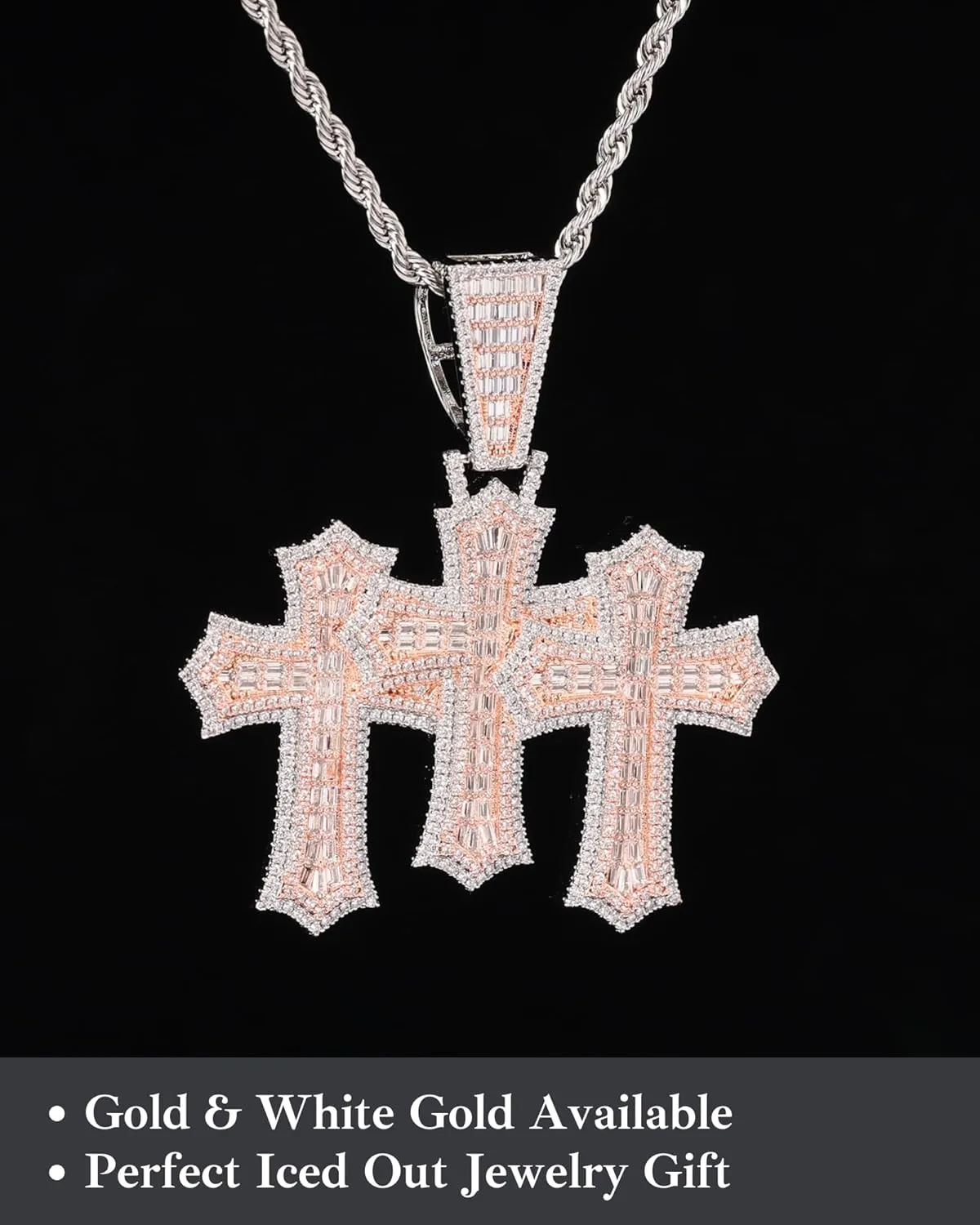 LuxeFlex Iced Out Baguette Diamond Cross Pendant, 14K Gold Plated Religious Three Stacked up Gothic Cross Necklace, Hip-Hop Jewelry for Men Women