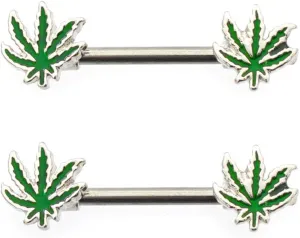 Marijuana Weed Leaf Nipple Rings 14G Surgical Steel Nipple Ring Barbell Nipple Piercing Jewelry for Women 14mm - 9/16" Barbell Pot Leaf Green Nipplerings (Set of 2)
