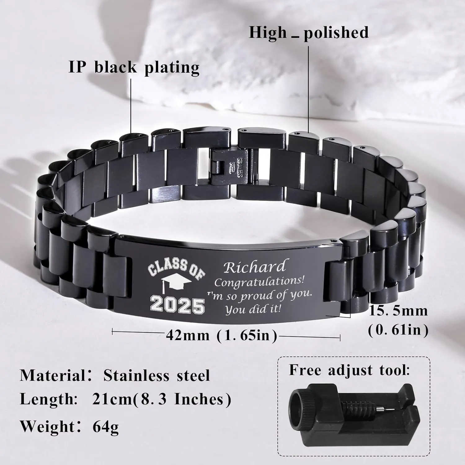 MEALGUET Graduation Gifts for him,Customizable Graduation Bracelet, Inspirational College Graduate Class Of 2025 Gift, Stainless Steel Handsome Link Bracelets for College Graduates