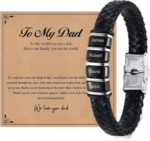 MEALGUET Personalized Bracelet for Dad with Family Names : Custom Engrave 2-6 Beads Bracelets Black Braided Leather Wristband,Customized Gifts for Father Dad Husband from Daughter Son Wife