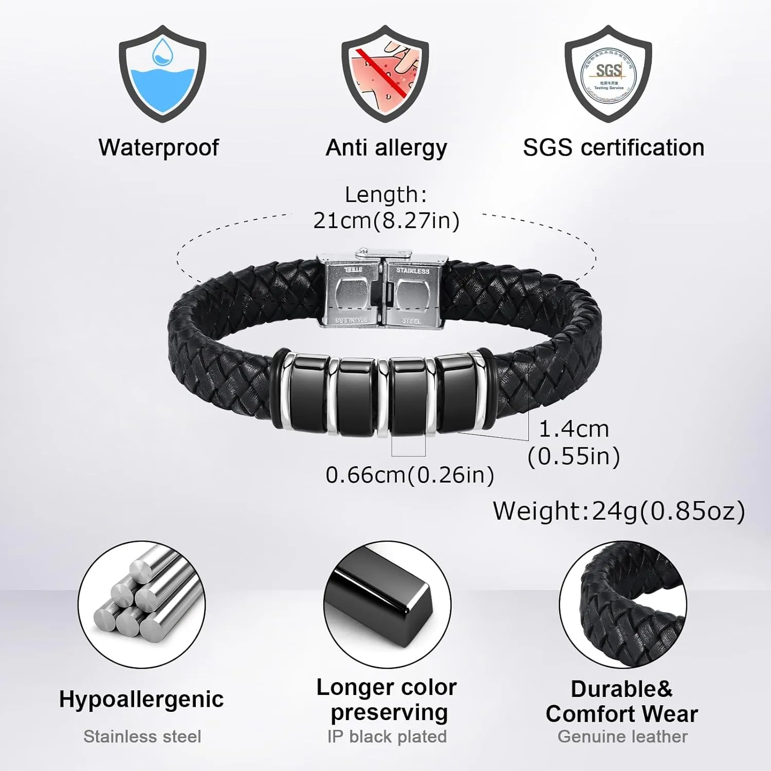 MEALGUET Personalized Bracelet for Dad with Family Names : Custom Engrave 2-6 Beads Bracelets Black Braided Leather Wristband,Customized Gifts for Father Dad Husband from Daughter Son Wife
