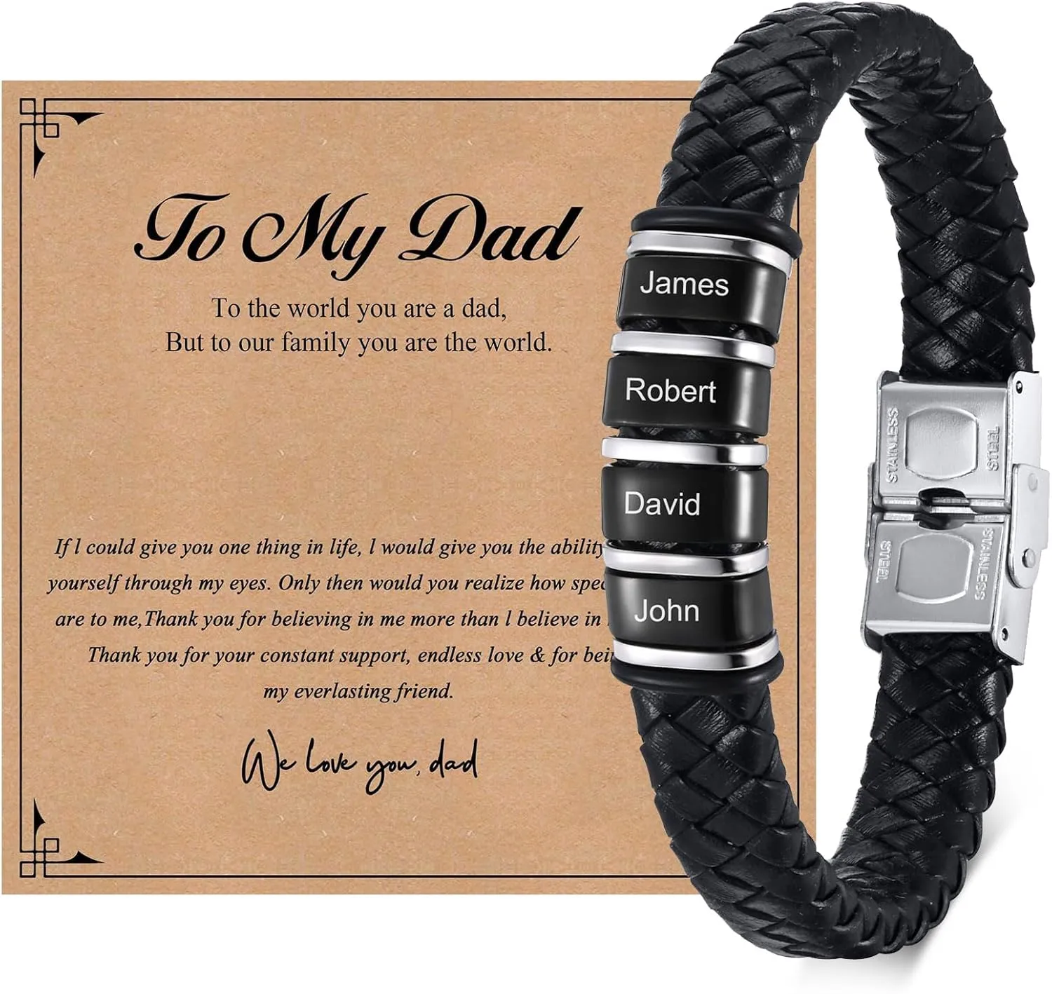 MEALGUET Personalized Bracelet for Dad with Family Names : Custom Engrave 2-6 Beads Bracelets Black Braided Leather Wristband,Customized Gifts for Father Dad Husband from Daughter Son Wife