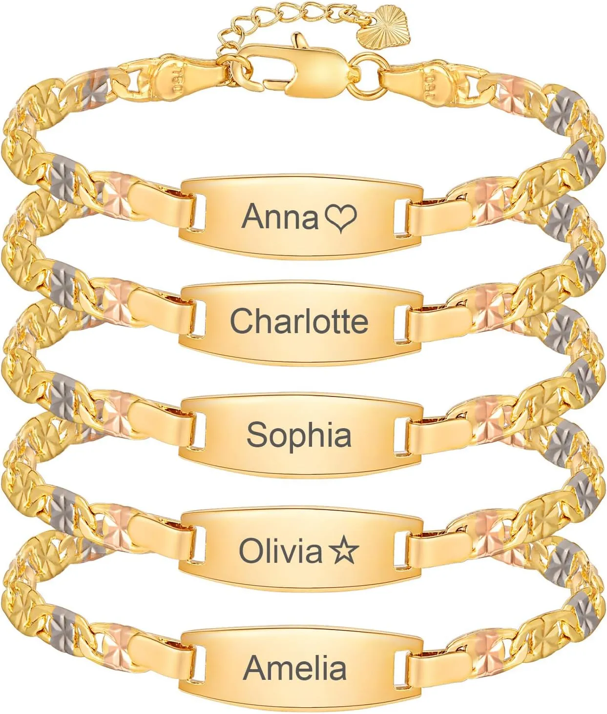 MEALGUET Personalized Name Bracelets for Women : Tri-Color Gold ID Chain Bar Bracelet Gift Set of 2/3/4/5 for Her, Mom,BFF Friendship Besite Customized Wedding Bridesmaids Gift Female
