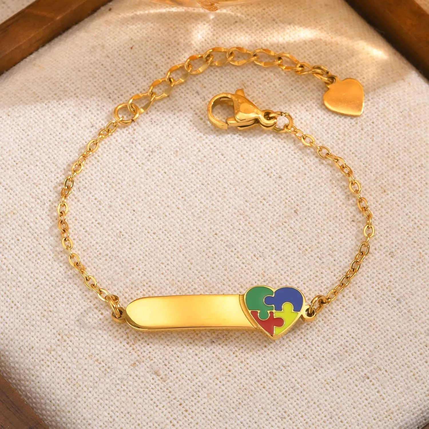 MEALGUET Stainless Steel Autism Awareness Bracelet for Girls Kids, Personalized Children Name Bar ID Bracelet Adjustable for Toddler Teen girls