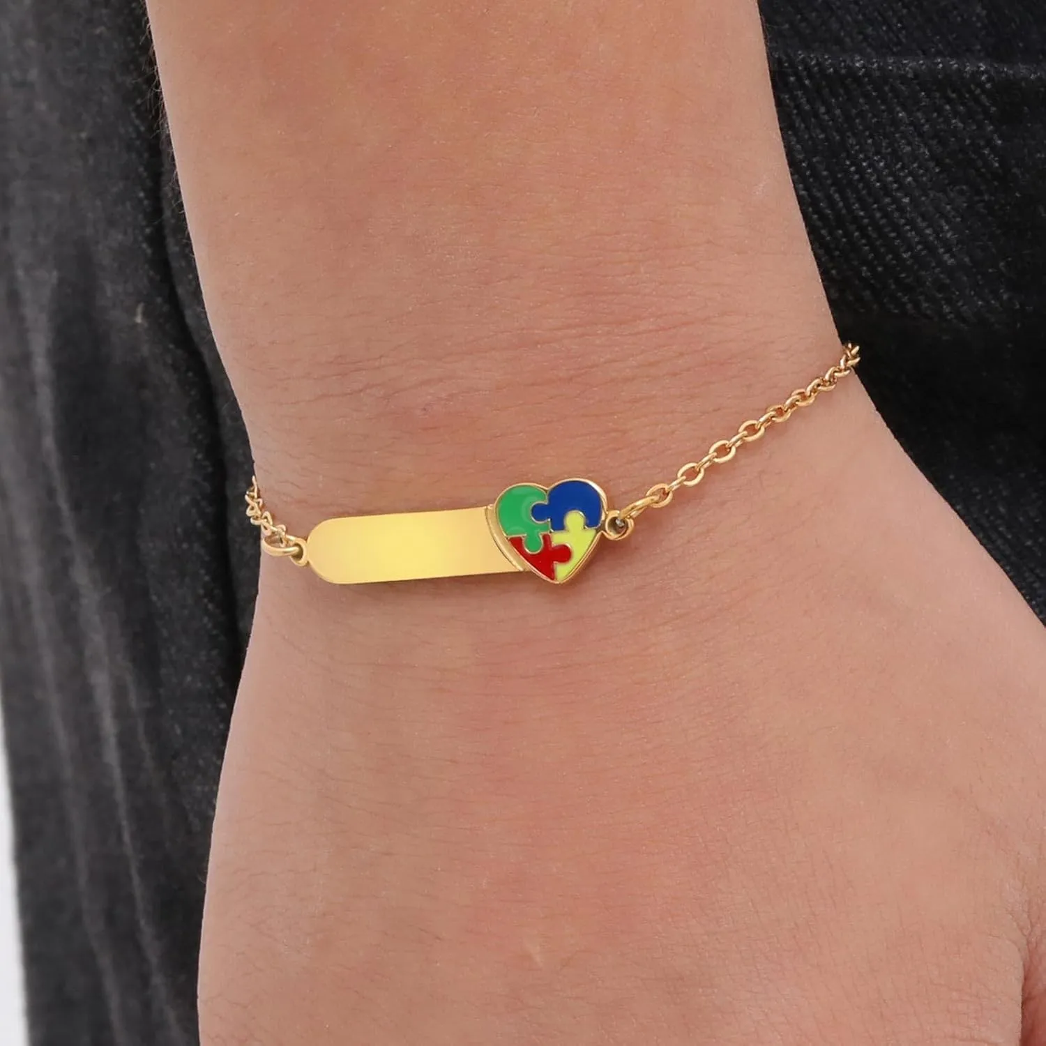 MEALGUET Stainless Steel Autism Awareness Bracelet for Girls Kids, Personalized Children Name Bar ID Bracelet Adjustable for Toddler Teen girls