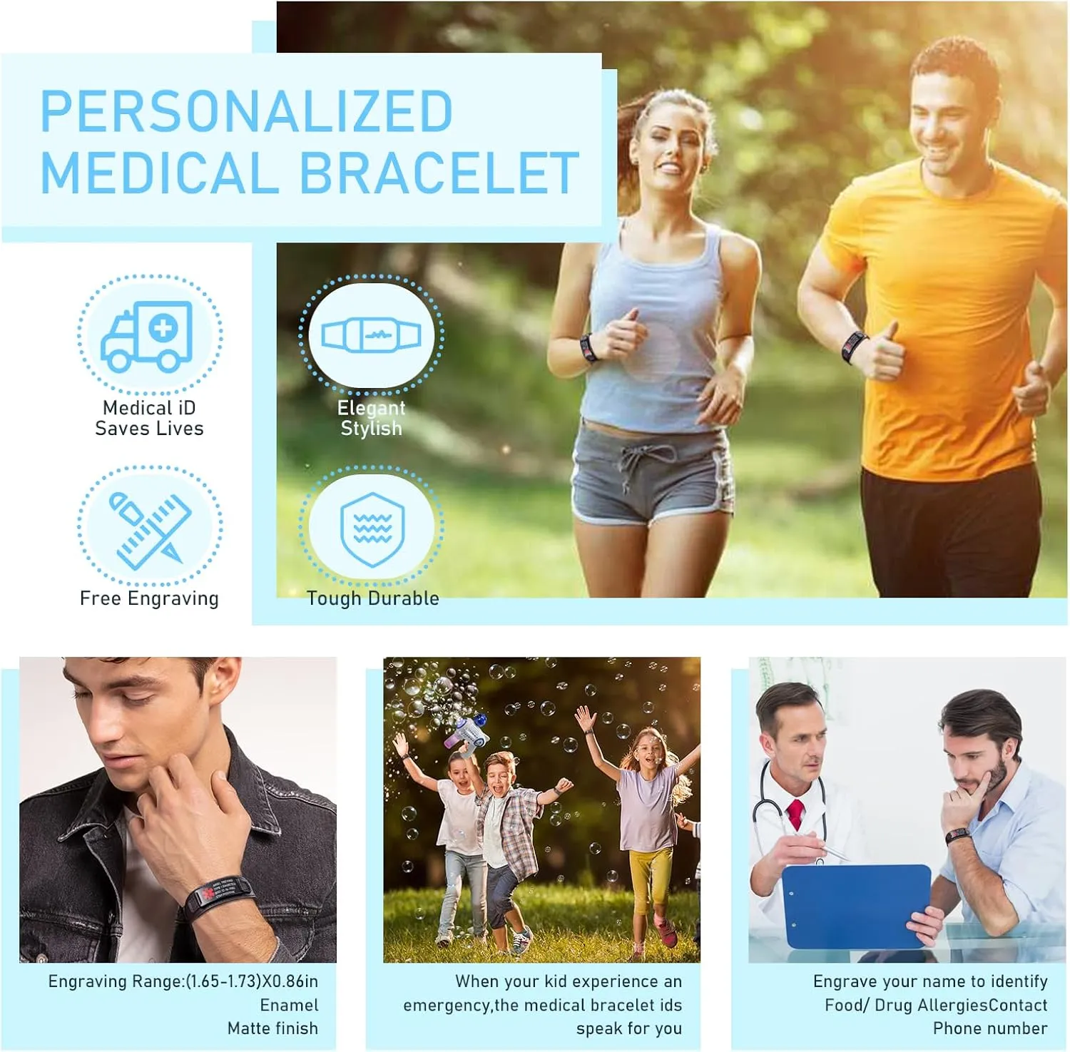 Medical Alert Bracelet for Men, Personalized Engraving Medic Info ID Bracelet Custom Emergency Medical Bracelets for Autism Allergy Diabetic Epilepsy