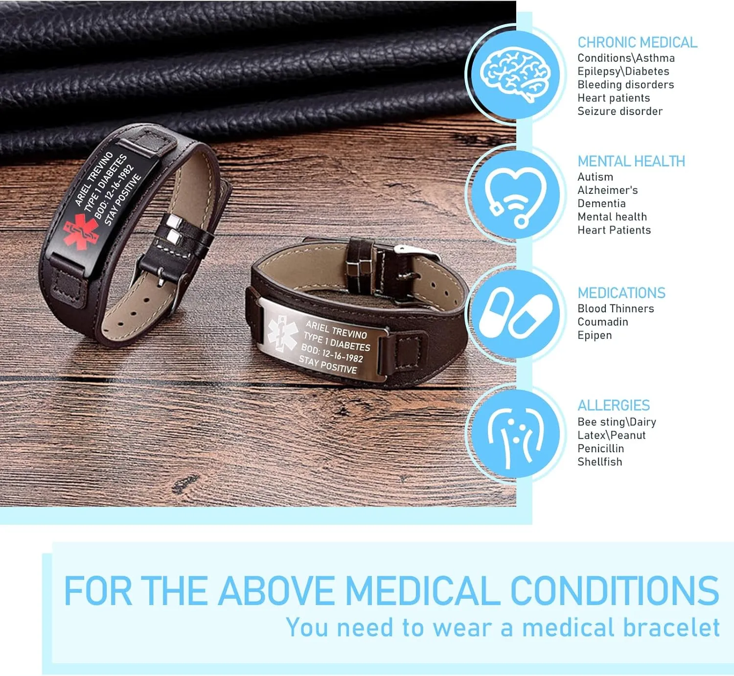 Medical Alert Bracelet for Men, Personalized Engraving Medic Info ID Bracelet Custom Emergency Medical Bracelets for Autism Allergy Diabetic Epilepsy