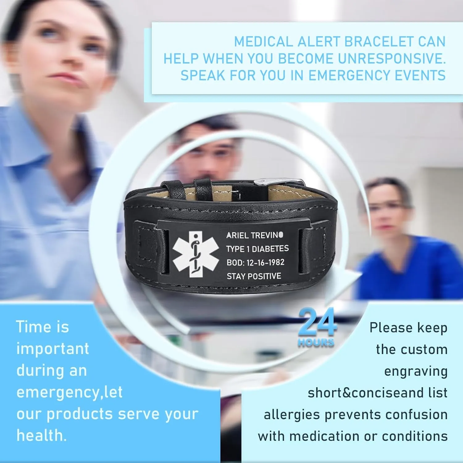 Medical Alert Bracelet for Men, Personalized Engraving Medic Info ID Bracelet Custom Emergency Medical Bracelets for Autism Allergy Diabetic Epilepsy