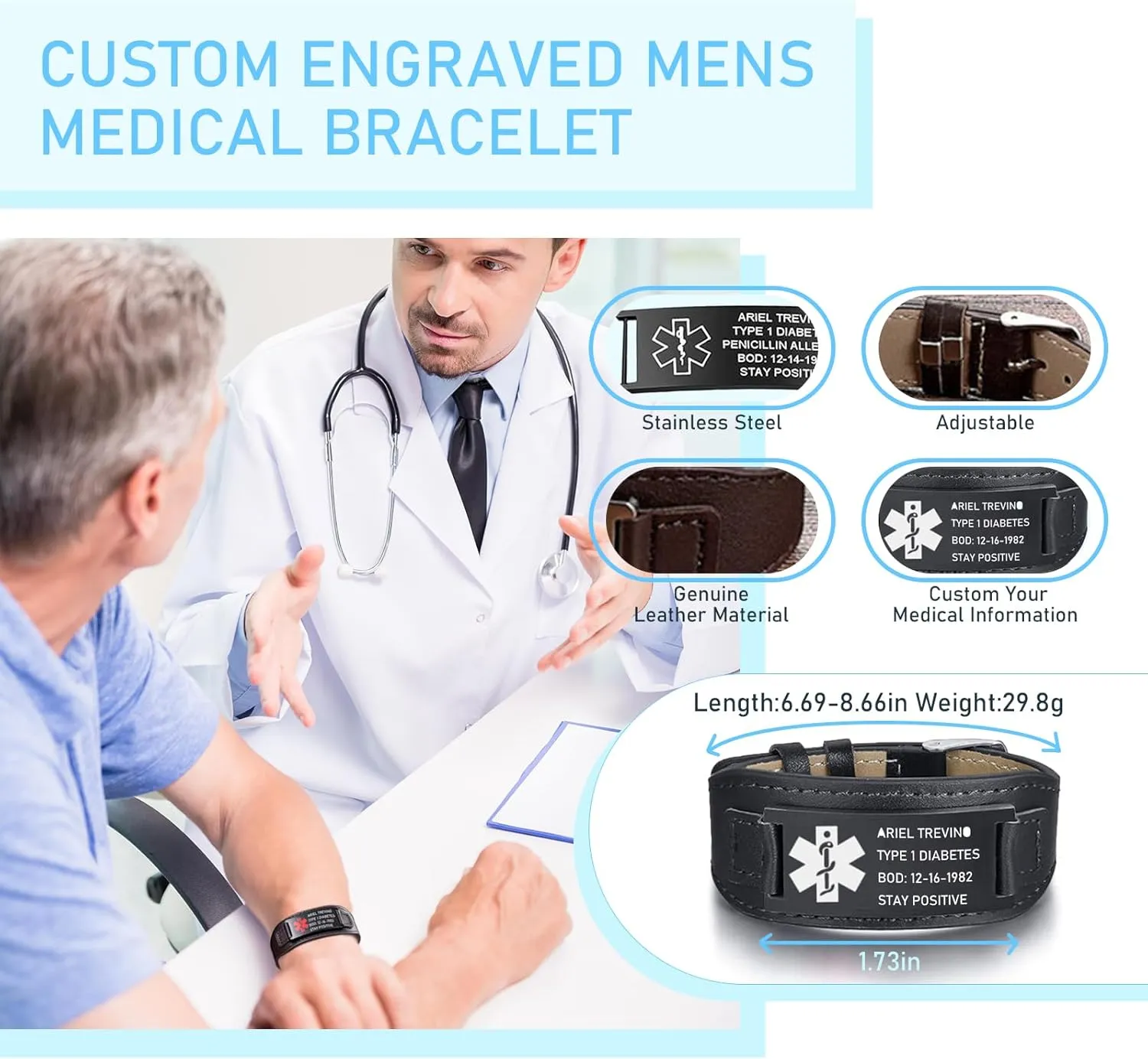 Medical Alert Bracelet for Men, Personalized Engraving Medic Info ID Bracelet Custom Emergency Medical Bracelets for Autism Allergy Diabetic Epilepsy