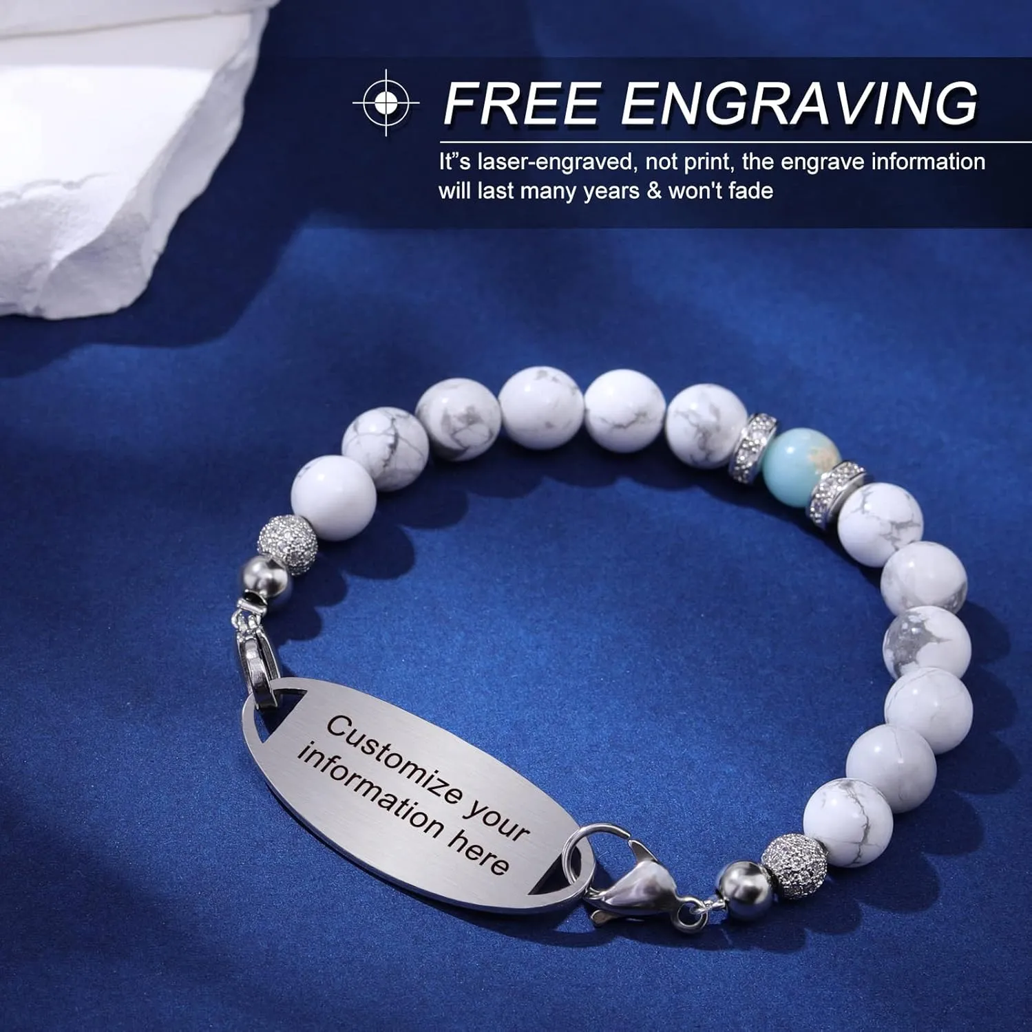 Medical Alert Bracelets for Women Men, Personalized Custom Medical ID Bracelet, 7 Chakras Beaded Emergency Medic Alert ID Bracelet, Free Engraving
