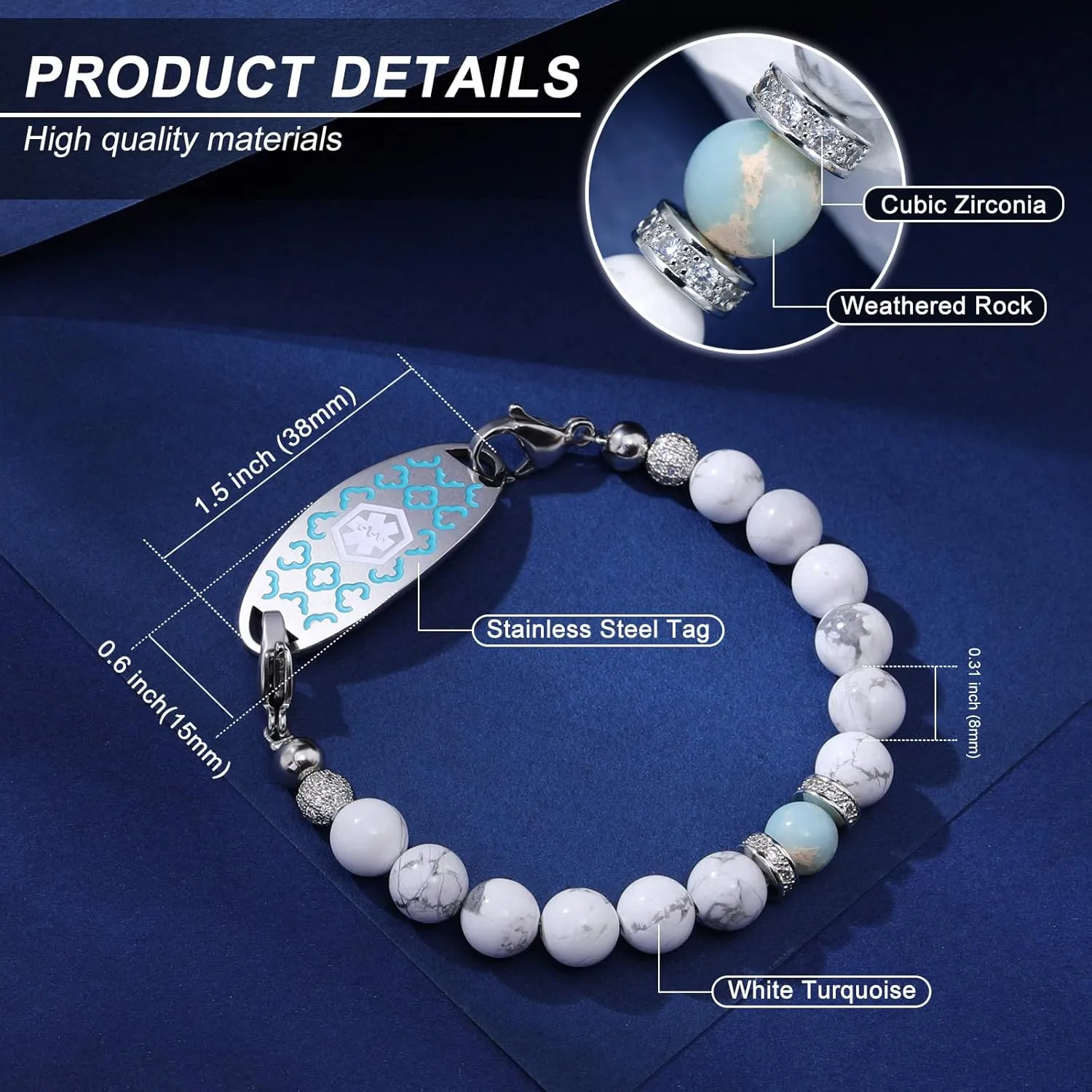 Medical Alert Bracelets for Women Men, Personalized Custom Medical ID Bracelet, 7 Chakras Beaded Emergency Medic Alert ID Bracelet, Free Engraving