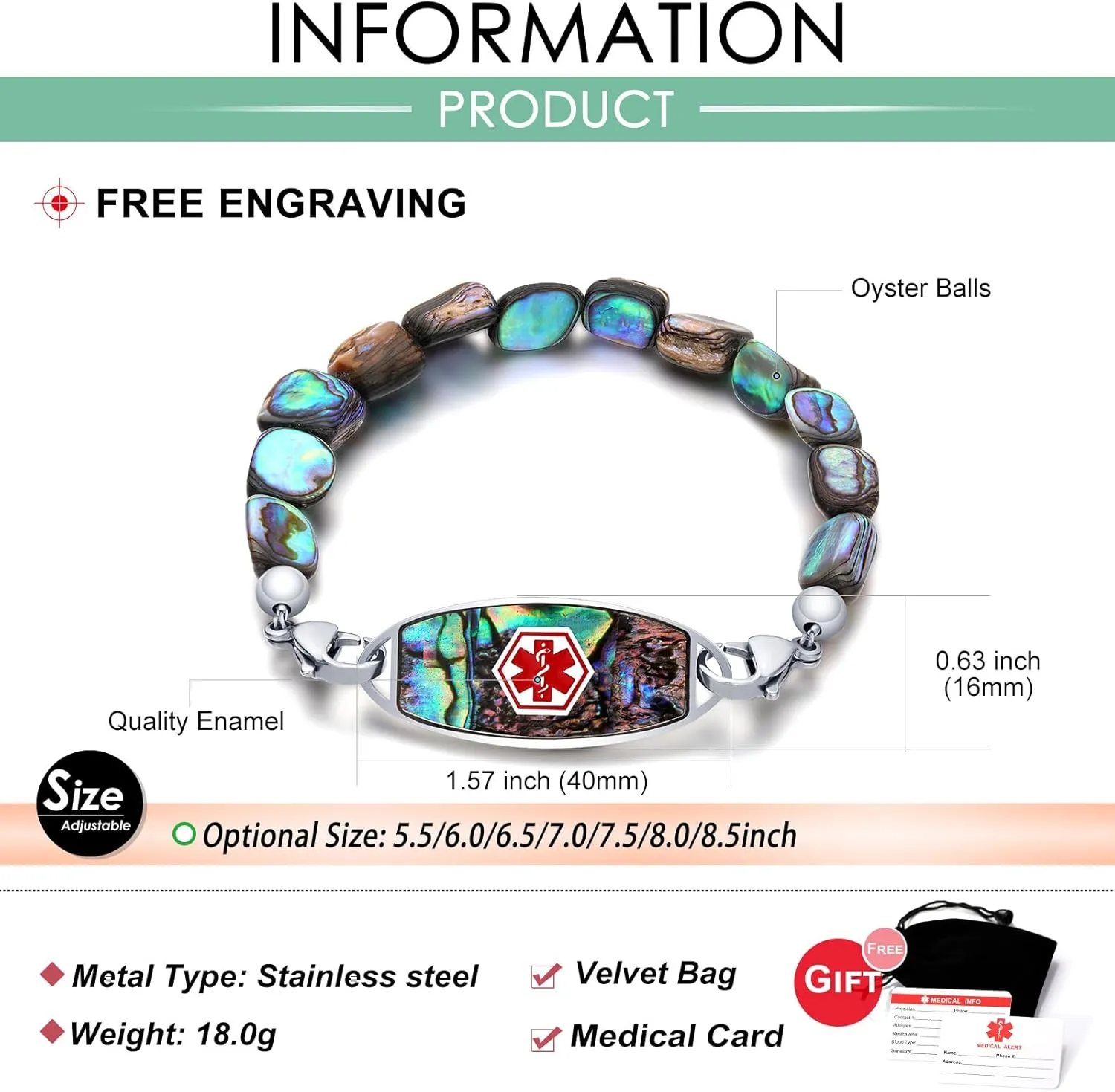 Medical Alert Bracelets for Women Men, Personalized Custom Medical ID Bracelet, 7 Chakras Beaded Emergency Medic Alert ID Bracelet, Free Engraving