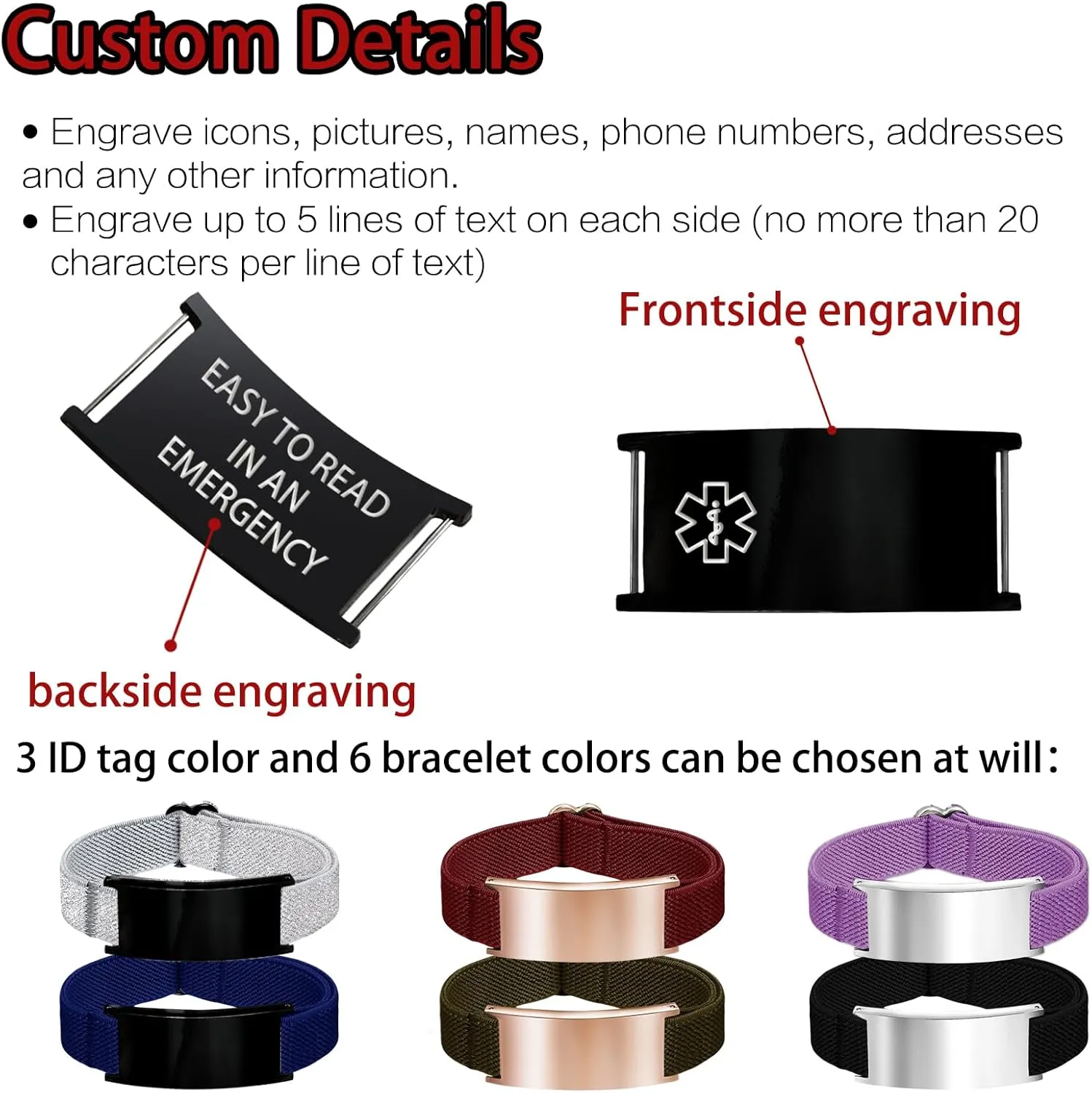 Medical Bracelet for Men Women Personalized Medical Alert Bracelets Custom ID Bracelet Engraved Logo Text Picture Emergency Awareness Comfort Fit Gifts Wristband for Diabetic, Epilepsy, Dementia