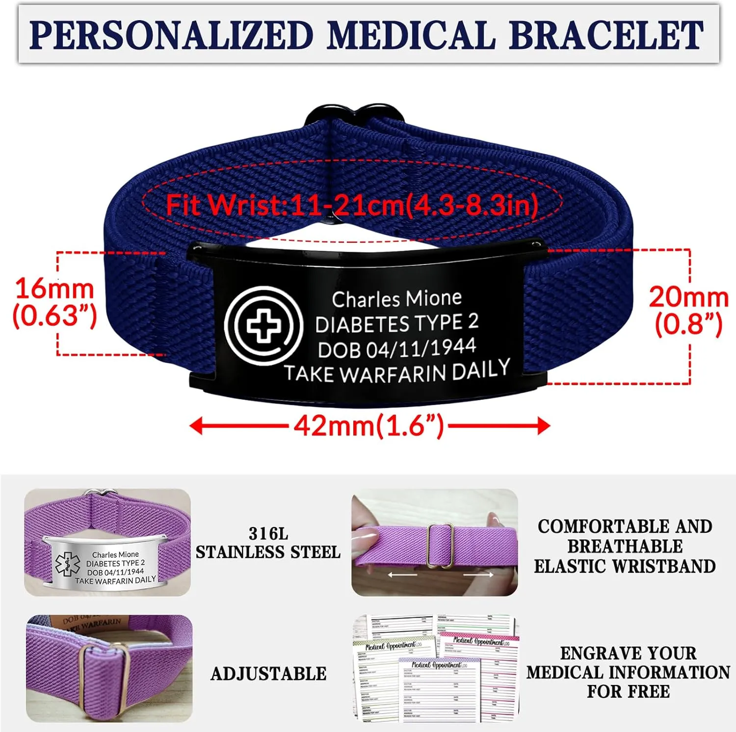 Medical Bracelet for Men Women Personalized Medical Alert Bracelets Custom ID Bracelet Engraved Logo Text Picture Emergency Awareness Comfort Fit Gifts Wristband for Diabetic, Epilepsy, Dementia