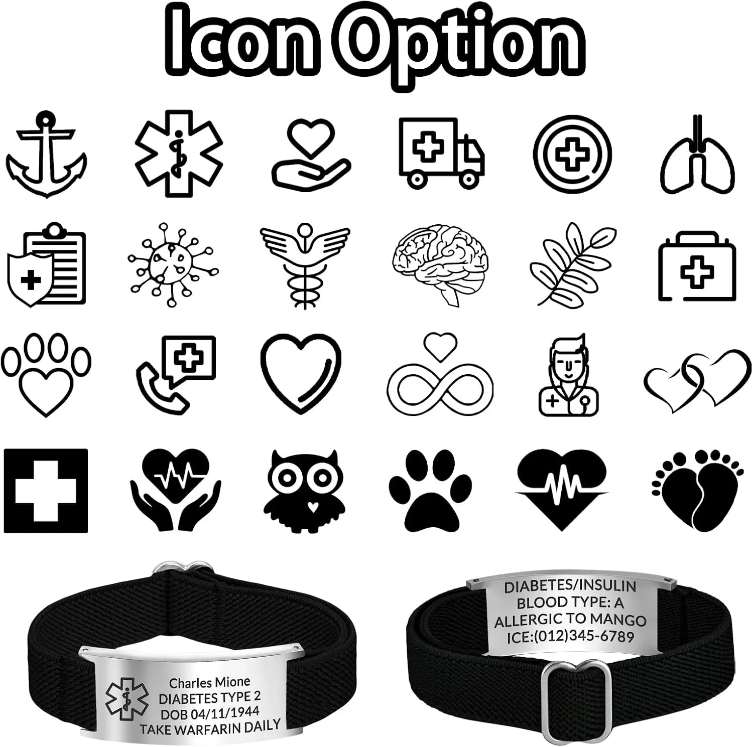 Medical Bracelet for Men Women Personalized Medical Alert Bracelets Custom ID Bracelet Engraved Logo Text Picture Emergency Awareness Comfort Fit Gifts Wristband for Diabetic, Epilepsy, Dementia