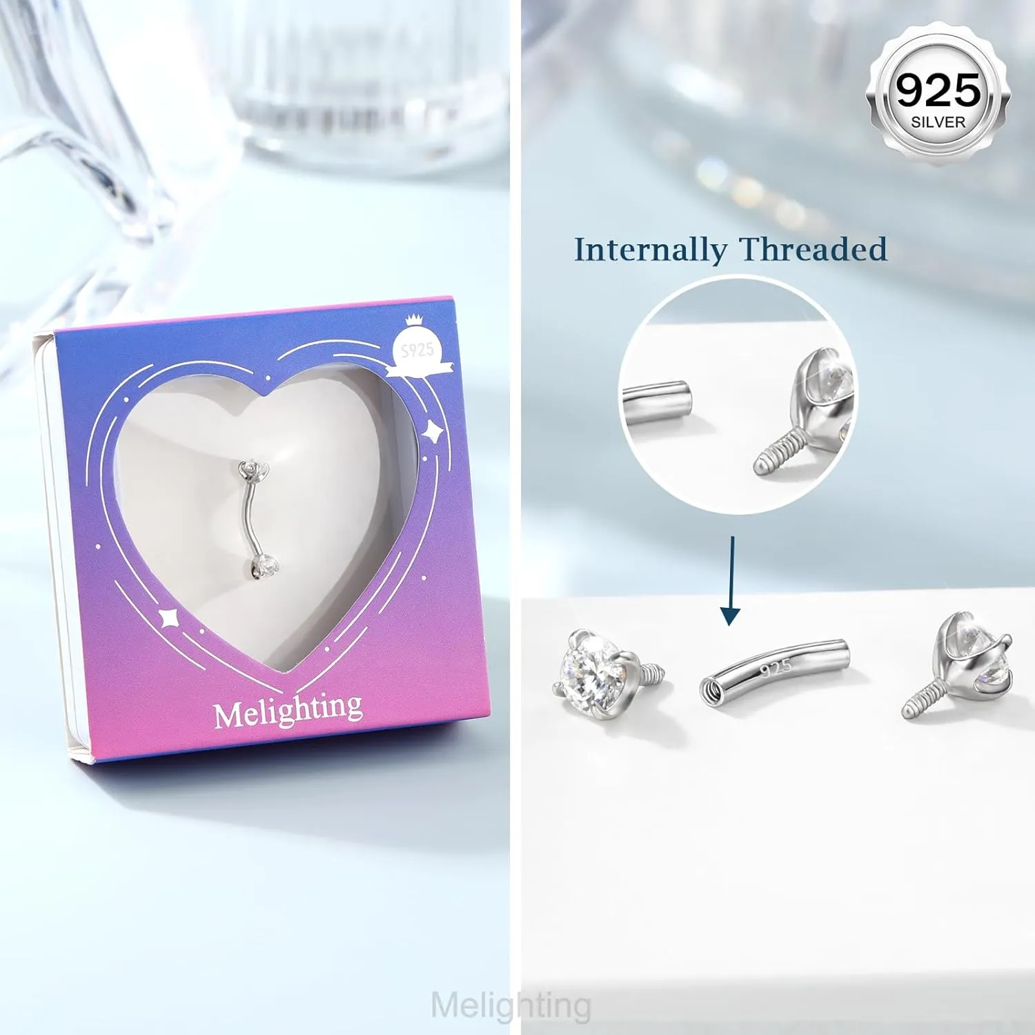 Melighting 16G Rook Earring Sterling Silver 925 Internally Threaded Rook Piercing Jewellery Ball Cartilage Earring Eyebrow Bar Barbell 6/8 mm