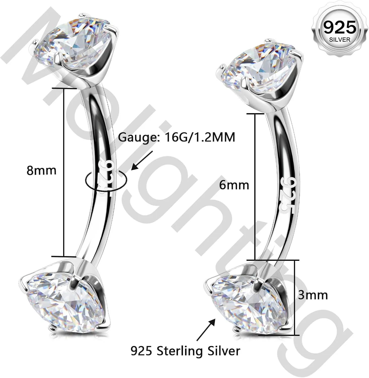 Melighting 16G Rook Earring Sterling Silver 925 Internally Threaded Rook Piercing Jewellery Ball Cartilage Earring Eyebrow Bar Barbell 6/8 mm