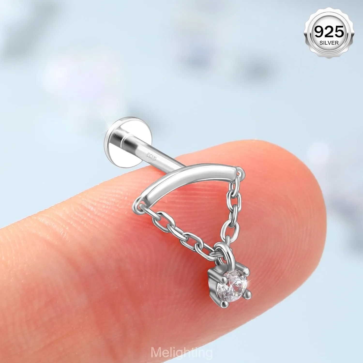 Melighting Sterling Silver 925 16G Cartilage Earring Internally Threaded Helix Earring Chain 16G Dangle 6/8 mm Tragus Piercing Jewelry Clear CZ Flat Back Earring