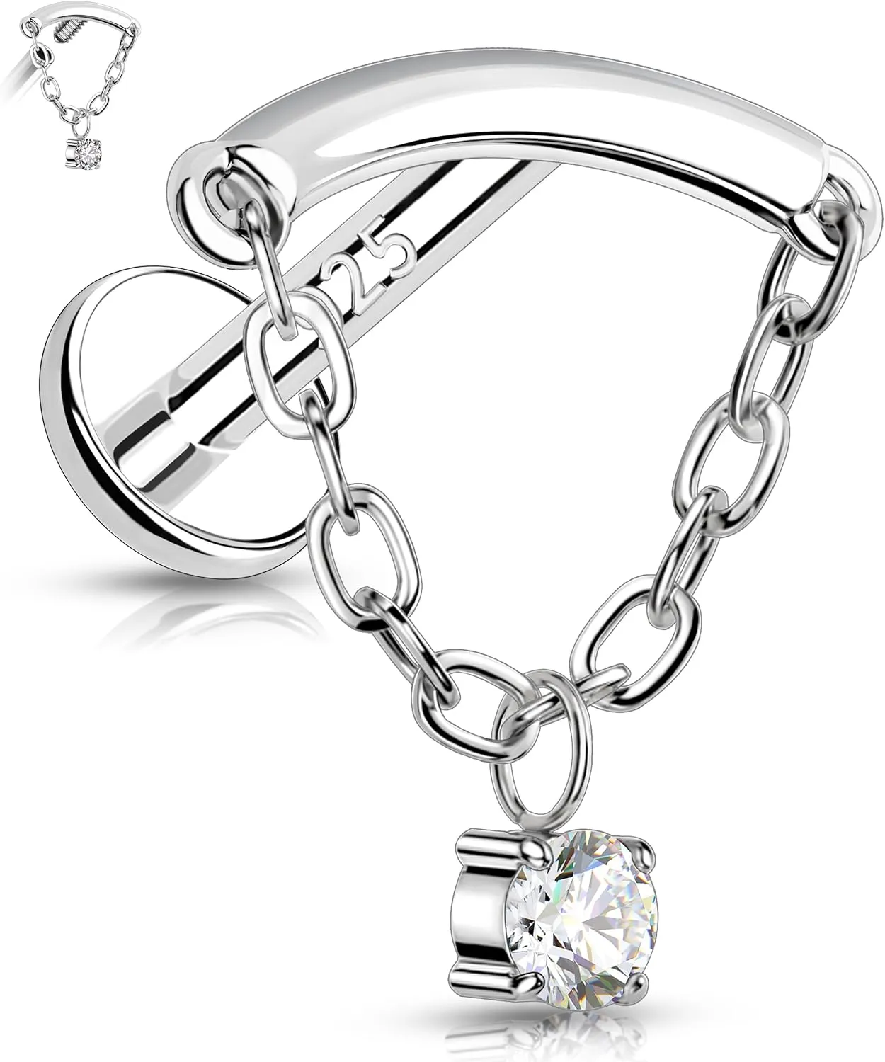 Melighting Sterling Silver 925 16G Cartilage Earring Internally Threaded Helix Earring Chain 16G Dangle 6/8 mm Tragus Piercing Jewelry Clear CZ Flat Back Earring
