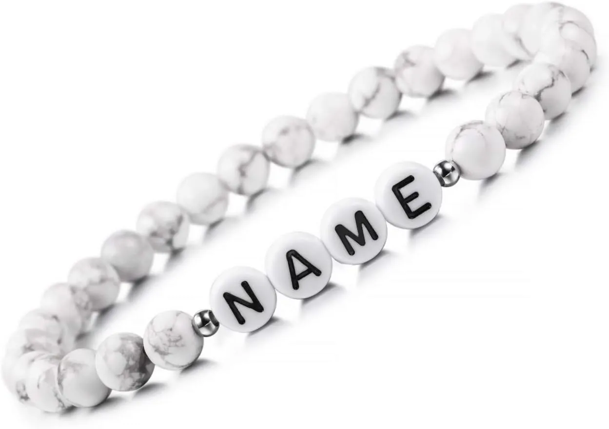 MeMeDIY Personalized Initial Bracelet Engraved Letter Bracelets for Boyfriend Girlfriends Couples Women Men Custom Name Ankle Bracelet White Natural Turquoise Handmade Friendship Gifts
