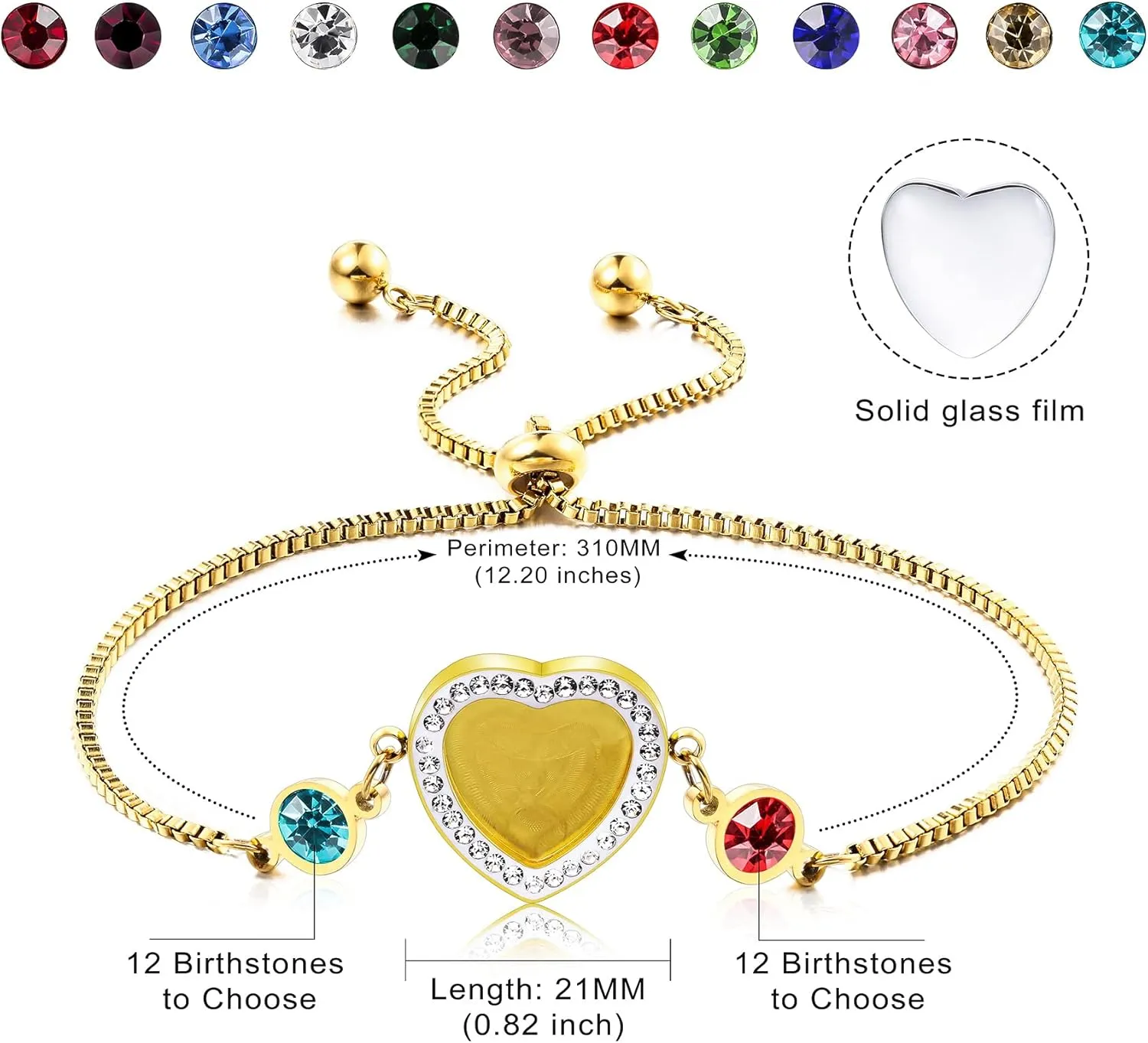 MeMeDIY Personalized Photo Heart Shaped Bracelets with 1-2 Birthstones Engraved Text Adjustable Box Chain Stainless Steel Bracelets for Women Mother Jewelry Gift