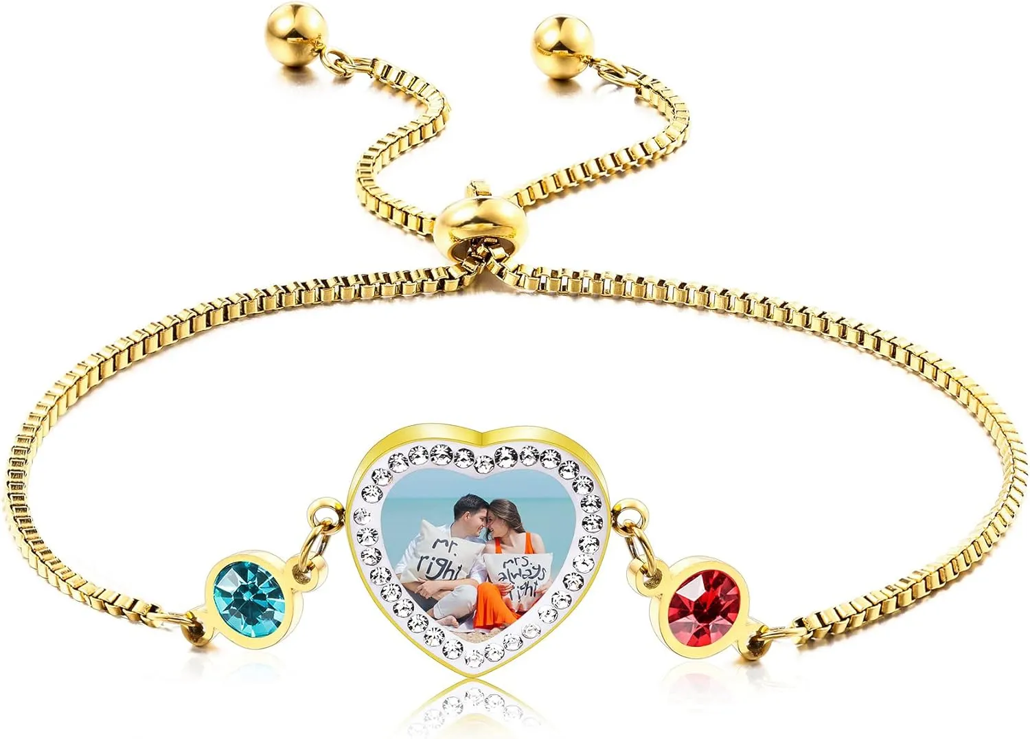 MeMeDIY Personalized Photo Heart Shaped Bracelets with 1-2 Birthstones Engraved Text Adjustable Box Chain Stainless Steel Bracelets for Women Mother Jewelry Gift