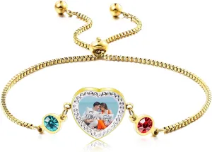 MeMeDIY Personalized Photo Heart Shaped Bracelets with 1-2 Birthstones Engraved Text Adjustable Box Chain Stainless Steel Bracelets for Women Mother Jewelry Gift