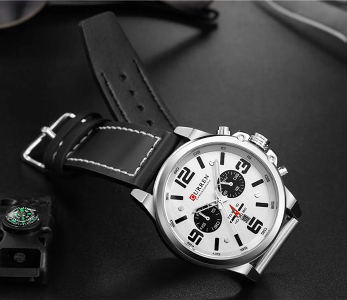 Men Chronograph Sport Watches Brown Leather Strap Quartz Watch Business Casual Wrist Watch for Men