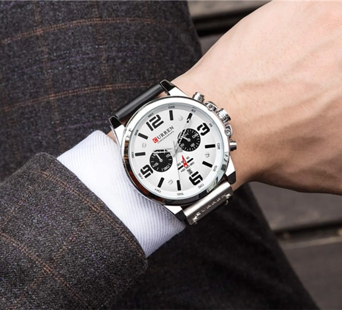 Men Chronograph Sport Watches Brown Leather Strap Quartz Watch Business Casual Wrist Watch for Men