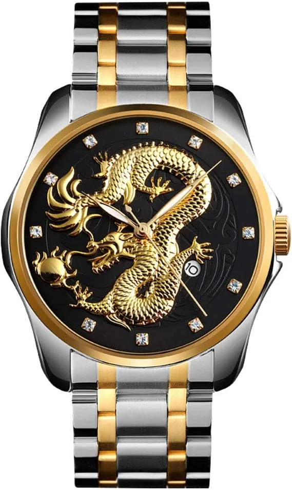 Men Luxury Gold Chinese Dragon Carved Dial Diamond Quartz Watch Casual Waterproof Sport Stainless Steel Wristwatch