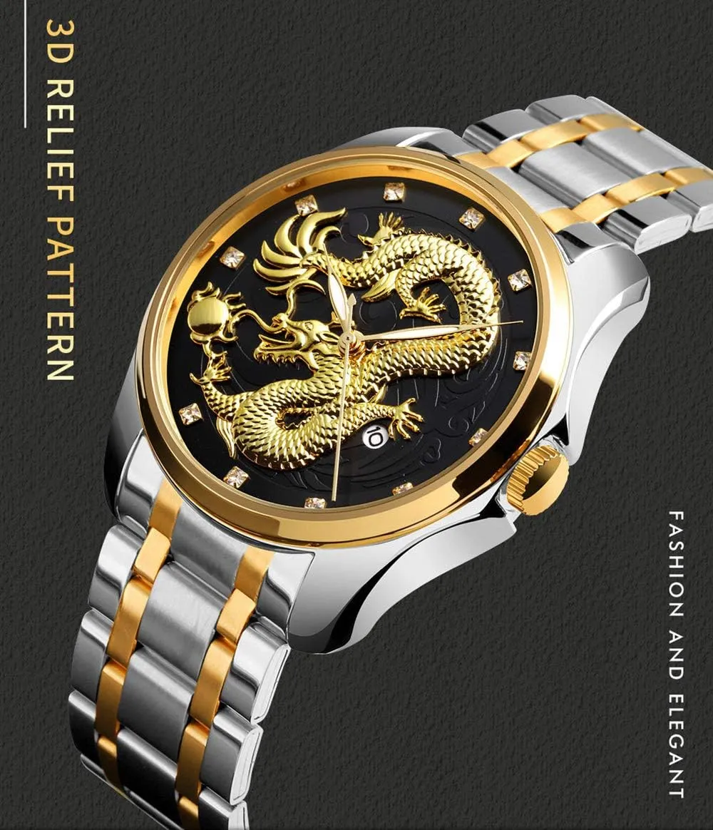 Men Luxury Gold Chinese Dragon Carved Dial Diamond Quartz Watch Casual Waterproof Sport Stainless Steel Wristwatch