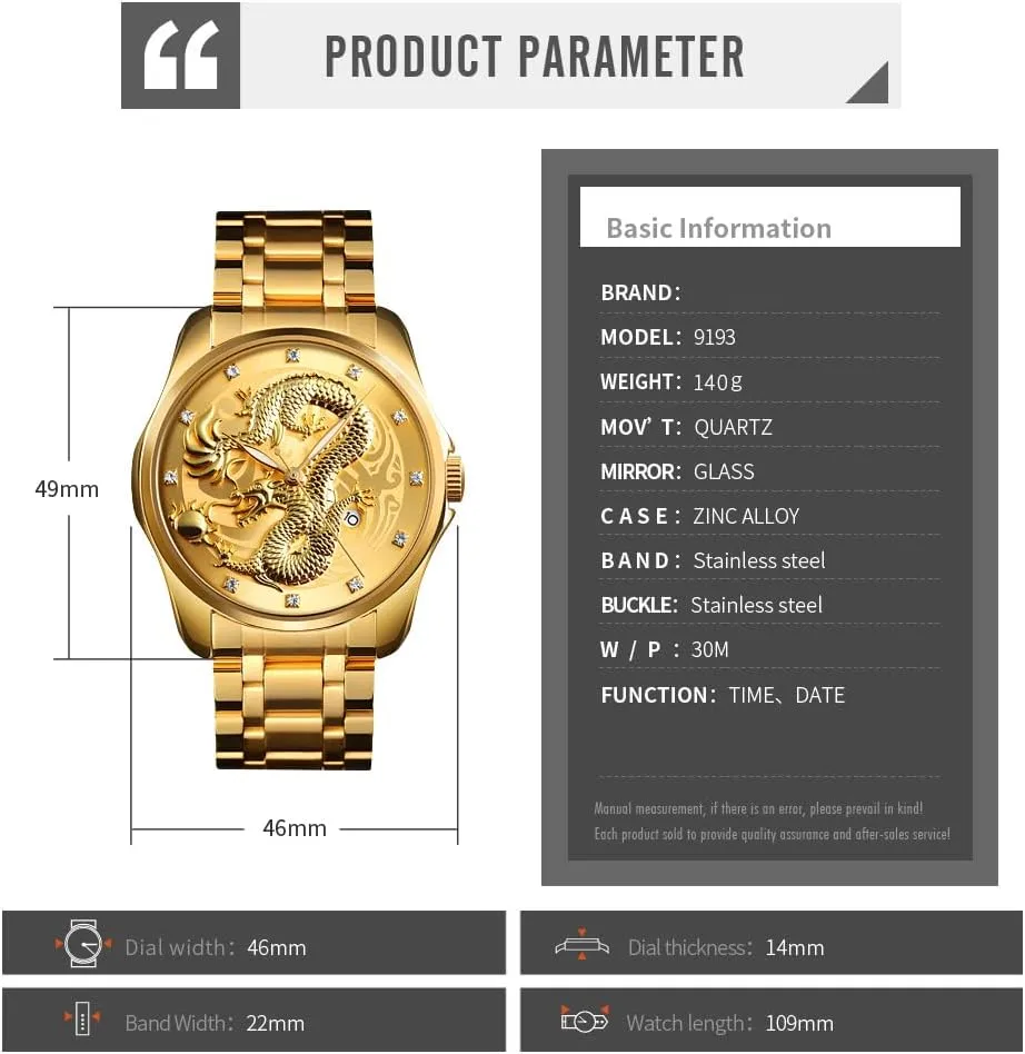 Men Luxury Gold Chinese Dragon Carved Dial Diamond Quartz Watch Casual Waterproof Sport Stainless Steel Wristwatch