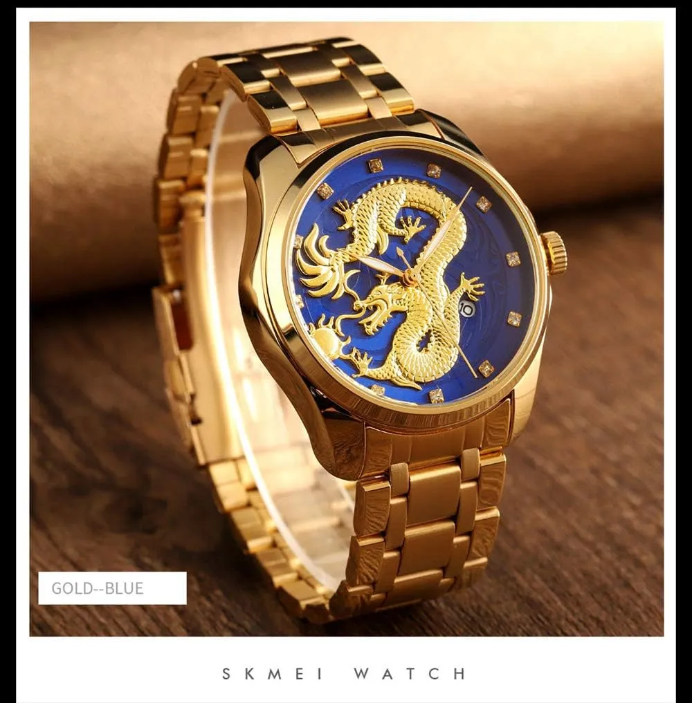 Men Luxury Gold Chinese Dragon Carved Dial Diamond Quartz Watch Casual Waterproof Sport Stainless Steel Wristwatch